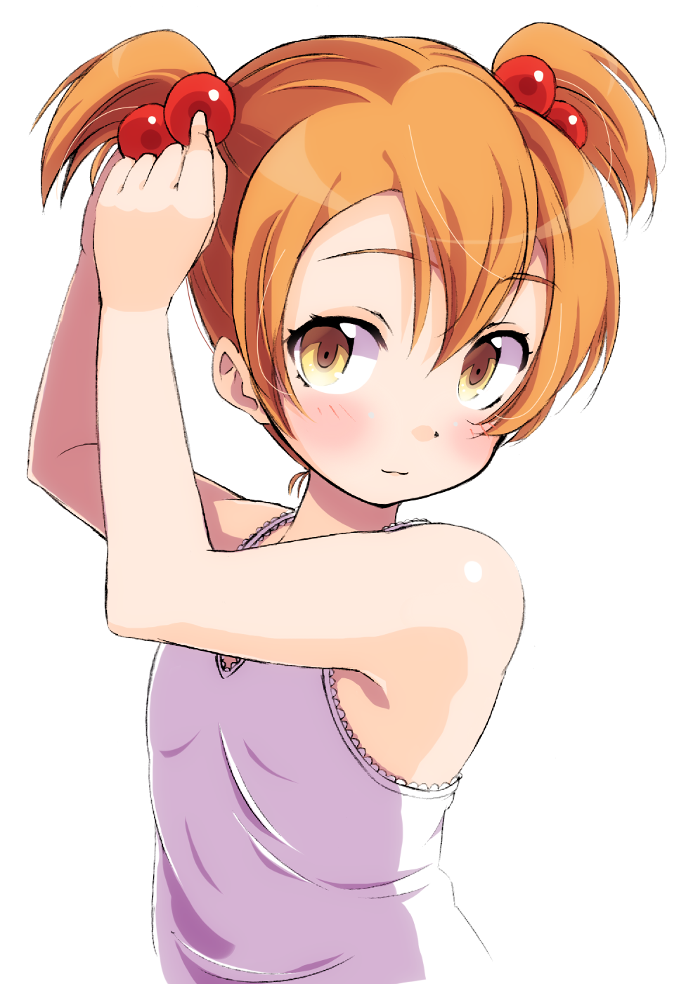 1girl :3 adjusting_hair alternate_costume bangs bare_arms bare_shoulders blush camisole closed_mouth commentary_request eyebrows_visible_through_hair hair_bobbles hair_ornament hairdressing highres hoshizora_rin looking_at_viewer love_live! love_live!_school_idol_project orange_hair sen_(sen0910) short_hair short_twintails sleeveless smile solo tareme twintails twintails_day upper_body yellow_eyes