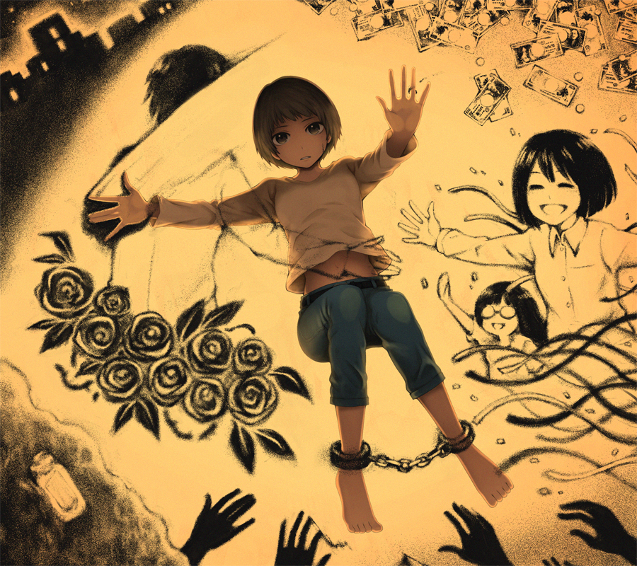 3girls abstract backlighting barefoot brown_eyes brown_hair building capri_pants chains city coin confetti cuffs denim falling flower glasses hand_up hands jeans long_hair looking_at_viewer midriff money multiple_girls navel original pants partially_colored rose shackles short_hair smile yajirushi_(chanoma)