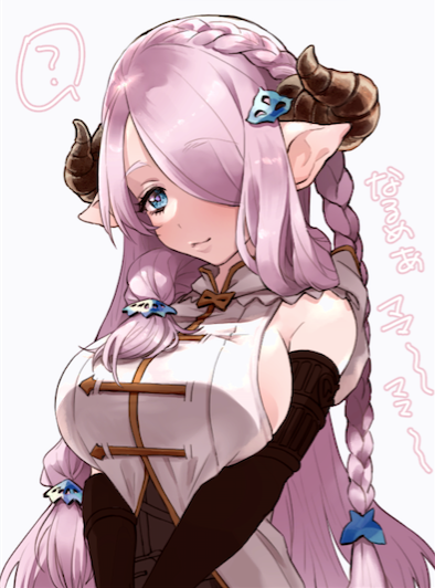 1girl ? ayamachi bare_shoulders black_gloves blue_eyes braid breast_squeeze breasts closed_mouth doraf elbow_gloves eyebrows_visible_through_hair eyelashes gloves granblue_fantasy hair_ornament hair_over_one_eye horns large_breasts lavender_hair long_hair looking_at_viewer narumeia_(granblue_fantasy) one_eye_covered pointy_ears purple_hair simple_background single_braid skindentation sleeveless smile solo spoken_question_mark upper_body v_arms very_long_hair white_background