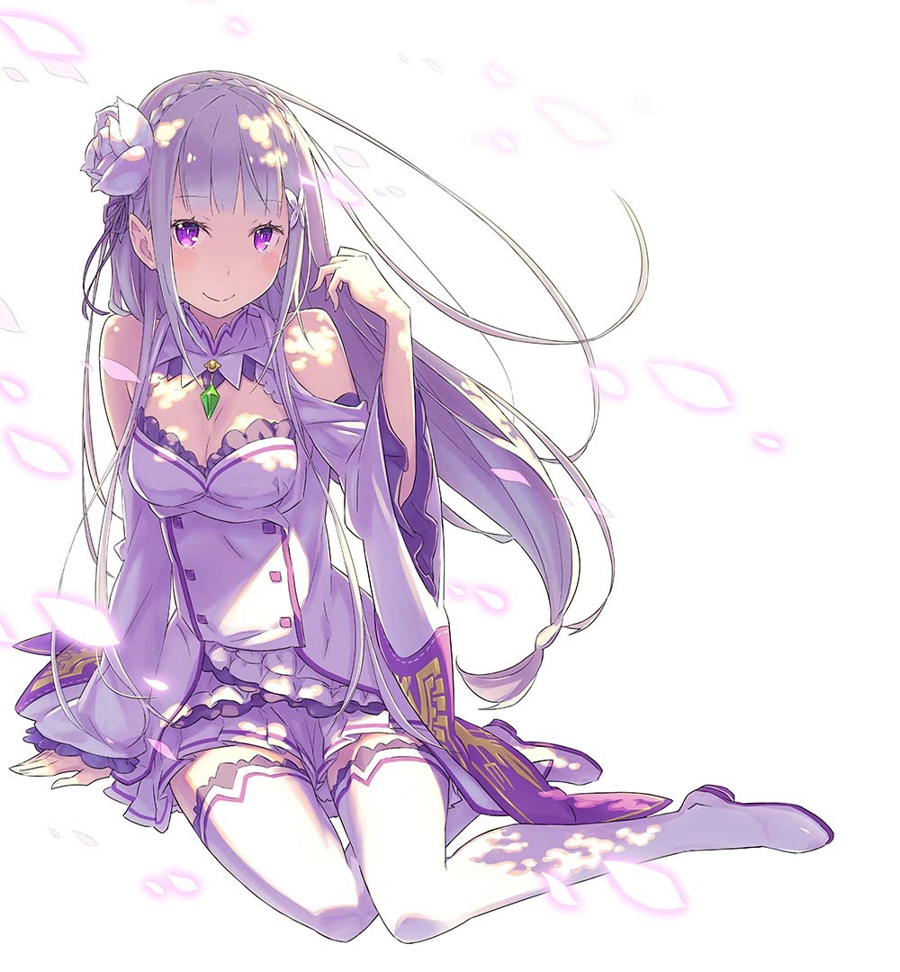 dress emilia_(re:zero) long_hair purple_eyes re:zero_kara_hajimeru_isekai_seikatsu white_hair