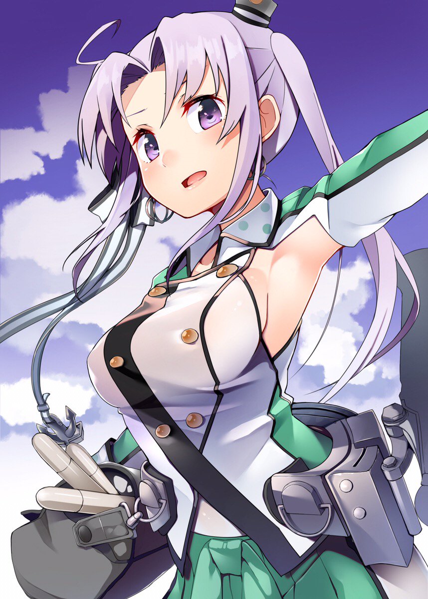 1girl ahoge akitsushima_(kantai_collection) armpit_peek asymmetrical_hair breasts byte_(allbyte) collar green_skirt hat highres kantai_collection large_breasts long_hair long_sleeves looking_at_viewer open_mouth pleated_skirt purple_hair rigging side_ponytail sideboob skirt sky solo upper_body violet_eyes