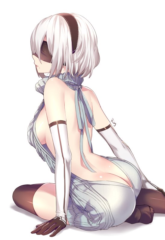 1girl aki663 aran_sweater artist_name ass back backless_outfit bangs bare_back bare_shoulders black_gloves black_legwear blindfold breasts butt_crack dress elbow_gloves gloves hair_between_eyes hairband halterneck large_breasts mole mole_under_mouth naked_sweater nier_(series) nier_automata open-back_dress parted_lips profile ribbed_sweater short_hair sideboob signature simple_background sitting soles solo sweater sweater_dress thigh-highs turtleneck turtleneck_sweater virgin_killer_sweater white_background white_gloves white_hair yokozuwari yorha_no._2_type_b