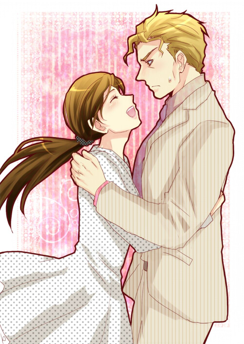 1boy 1girl blonde_hair brown_hair closed_eyes dress formal from_side frown honchu jojo_no_kimyou_na_bouken kawajiri_shinobu kira_yoshikage necktie open_mouth polka_dot polka_dot_dress ponytail scrunchie smile suit sweatdrop white_dress