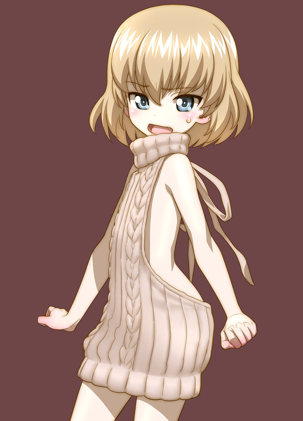 1girl aran_sweater backless_outfit bangs bare_shoulders blonde_hair blue_eyes blush brown_background cowboy_shot dress eyebrows_visible_through_hair fang flat_chest from_side girls_und_panzer hair_between_eyes halterneck highres katyusha looking_at_viewer minazuki_juuzou naked_sweater open-back_dress open_mouth ribbed_sweater short_hair simple_background solo sweatdrop sweater sweater_dress turtleneck turtleneck_sweater virgin_killer_sweater