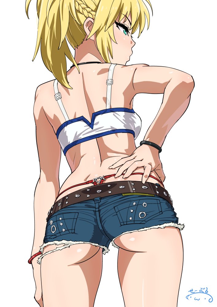 1girl ass bare_shoulders blonde_hair bracelet braid breasts cutoffs denim denim_shorts fate/apocrypha fate_(series) gluteal_fold green_eyes hand_on_hip heart jewelry looking_to_the_side midriff ponytail red_thong saber_of_red short_shorts shorts solo suna tank_top thong whale_tail