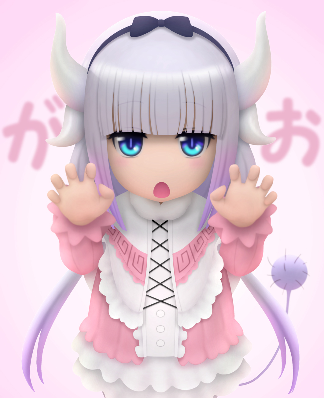 1girl bangs blue_eyes blush capelet claw_pose dragon_girl gao gradient_hair hairband highres horns kanna_kamui kobayashi-san_chi_no_maidragon lavender_hair long_hair looking_at_viewer low_twintails multicolored_hair open_mouth pink_background siraha solo tail text translated twintails very_long_hair