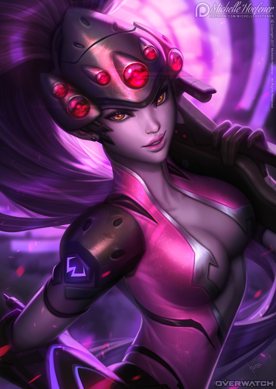 1girl artist_name bodysuit breasts center_opening copyright_name earrings emblem gloves gun head_mounted_display highres jewelry lips long_hair looking_at_viewer medium_breasts michelle_hoefener nose overwatch parted_lips patch patreon pink_bodysuit ponytail purple_background purple_hair purple_skin realistic rifle short_sleeves shoulder_pads signature smile solo stud_earrings very_long_hair visor watermark weapon web_address widowmaker_(overwatch) yellow_eyes