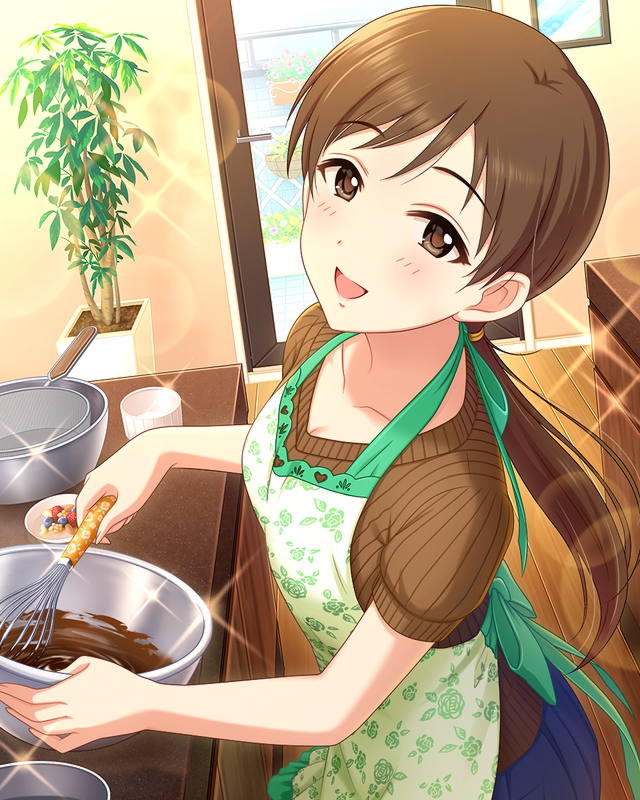 1girl apron artist_request blue_skirt braid brown_eyes brown_hair cooking idolmaster idolmaster_cinderella_girls kitchen long_hair mixing_bowl nitta_minami official_art plant ponytail potted_plant single_braid skirt solo whisk