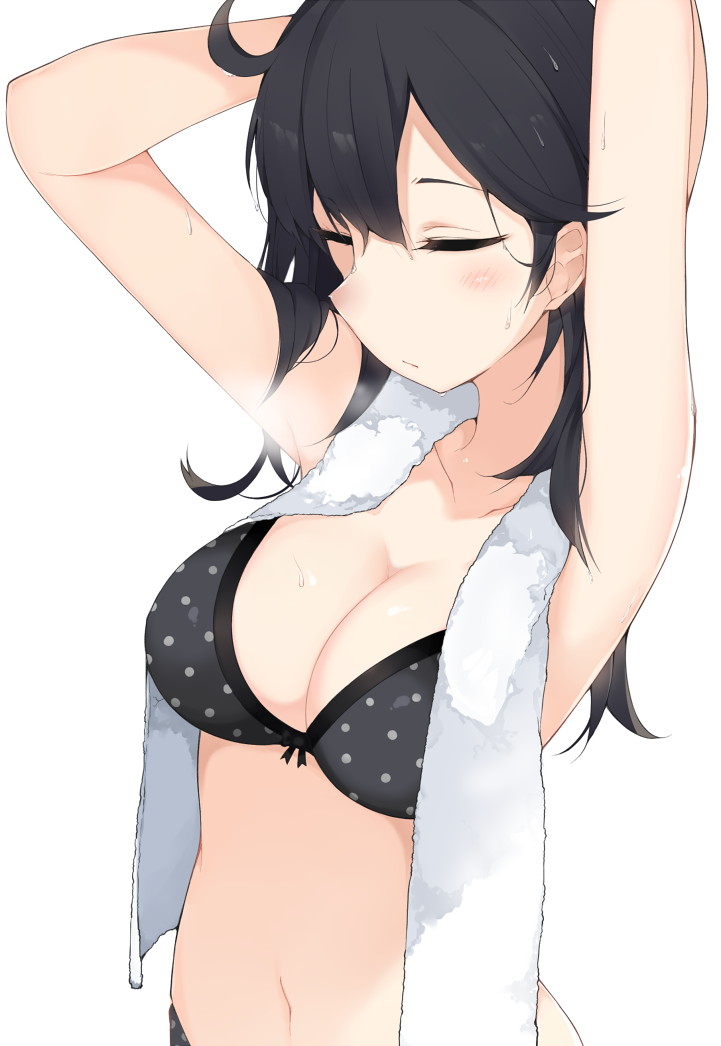 1girl alternate_costume armpits arms_behind_head arms_up bangs bikini black_hair blush breasts cleavage closed_eyes closed_mouth cole cowlick kantai_collection long_hair medium_breasts navel polka_dot polka_dot_bikini simple_background solo stomach sweat swimsuit towel towel_around_neck upper_body ushio_(kantai_collection) white_background