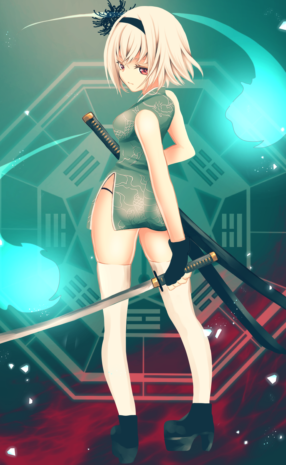 1girl ass bare_arms bare_shoulders breasts china_dress chinese_clothes dress full_body green_dress hairband highres katana konpaku_youmu microdress red_eyes sheepd sleeveless sleeveless_dress small_breasts solo sword thigh-highs touhou weapon white_hair white_legwear
