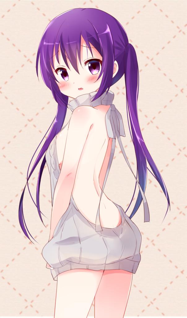 1girl aran_sweater ass backless_outfit bangs bare_back bare_shoulders blush breasts brown_background dress embarrassed eyebrows_visible_through_hair gochuumon_wa_usagi_desu_ka? hair_between_eyes halterneck long_hair looking_at_viewer looking_back medium_breasts naked_sweater open-back_dress parted_lips purple_hair ribbed_sweater sideboob simple_background solo sweater sweater_dress tedeza_rize tsubaki_(tatajd) turtleneck turtleneck_sweater twintails violet_eyes virgin_killer_sweater