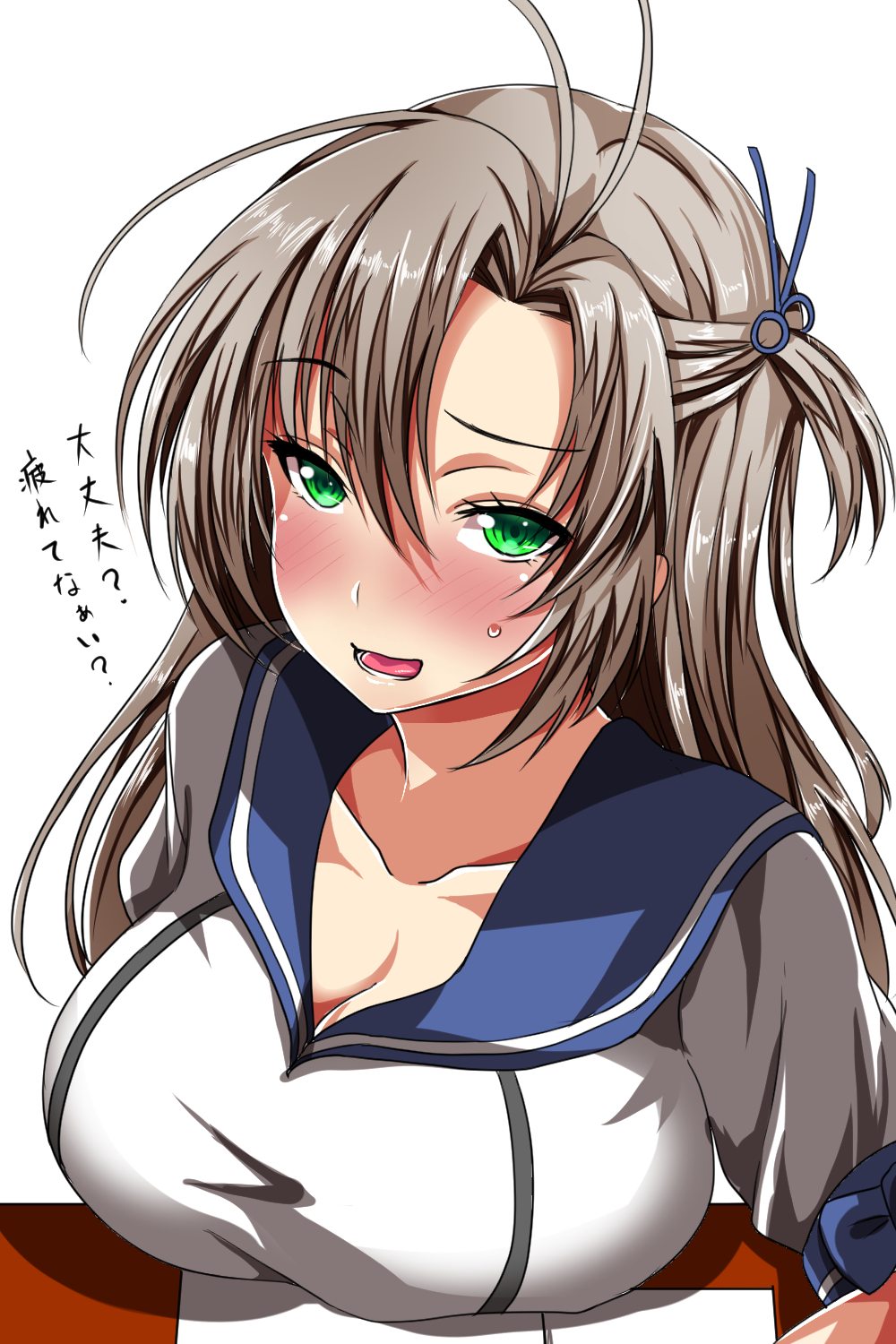 1girl :d antenna_hair ar_(lover_boy) bangs blue_ribbon blush breast_rest breasts green_eyes hair_ribbon half_updo highres kantai_collection kinugasa_(kantai_collection) large_breasts long_hair one_side_up open_mouth remodel_(kantai_collection) ribbon sailor_collar silver_hair smile solo translation_request upper_body