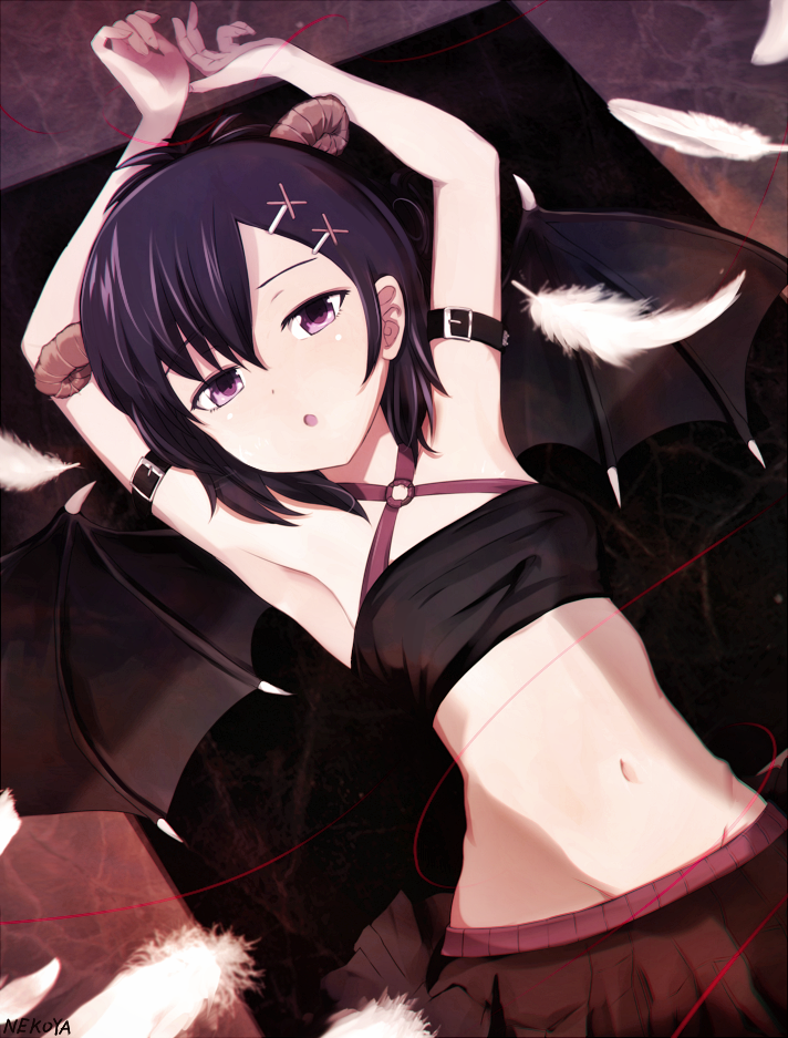 1girl arm_belt arms_up artist_name asymmetrical_bangs bandeau bangs black_hair black_skirt criss-cross_halter demon_girl demon_horns demon_wings dyolf feathers from_above gabriel_dropout groin hair_between_eyes hair_ornament hairclip halter_top halterneck horns looking_at_viewer lying navel on_back open_mouth red_string skirt solo string tsukinose_vignette_april violet_eyes wings x_hair_ornament