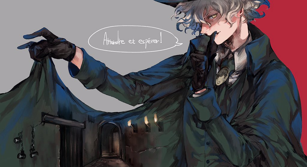 1boy black_gloves cape cape_lift cuffs dungeon edmond_dantes_(fate/grand_order) fate/grand_order fate_(series) fedora finger_to_mouth french gloves handcuffs hat index_finger_raised irorigumi male_focus short_hair silver_hair simple_background smile solo speech_bubble torch two-tone_background wavy_hair yellow_eyes