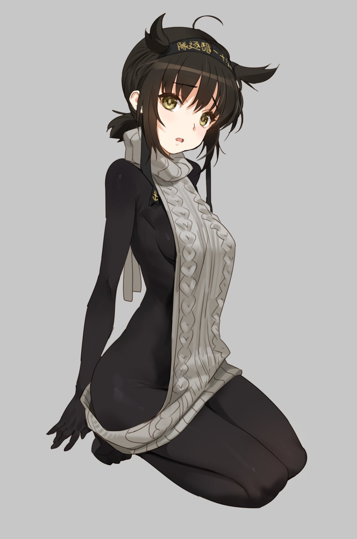 1girl ahoge backless_outfit black_hair bodysuit breasts brown_eyes dress grey_background hair_flaps hairband hatsuzuki_(kantai_collection) highres kantai_collection kneeling liquify looking_at_viewer parted_lips ponytail short_hair simple_background solo sweater sweater_dress virgin_killer_sweater yellow_eyes