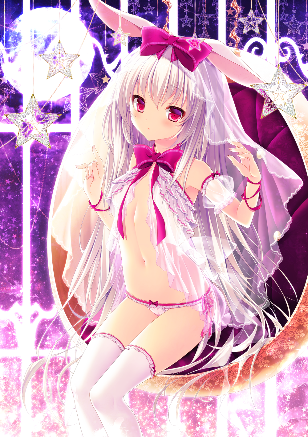 1girl animal_ears armpits babydoll bare_shoulders bow bowtie breasts detached_sleeves eyebrows_visible_through_hair fingernails flat_chest frilled_legwear frilled_panties frills full_moon glowing groin hair_bow head_tilt highres legs_together lingerie long_fingernails long_hair looking_at_viewer minatsuki_alumi moon navel original panties parted_lips pink_bow pink_bowtie pink_eyes pink_panties puffy_short_sleeves puffy_sleeves rabbit_ears see-through short_sleeves silver_hair sitting solo star stomach underwear underwear_only veil very_long_hair white_legwear wrist_cuffs