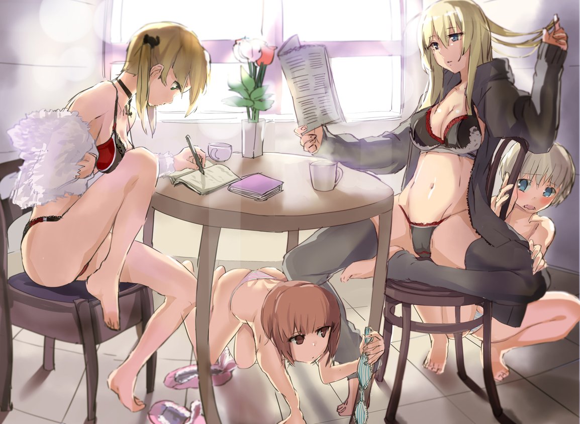 4girls adapted_costume all_fours alternate_costume armadillo-tokage ass backlighting bare_legs barefoot bismarck_(kantai_collection) black_bra black_jacket black_legwear black_panties black_ribbon blonde_hair blue_eyes blush bra breasts brown_eyes brown_hair chair cleavage coffee_mug collarbone cup day feet_on_chair flower frilled_bra frills full_body fur green_panties hair_ribbon hand_in_hair holding holding_bra indoors jacket jitome kantai_collection kitchen long_hair medium_breasts midriff multiple_girls navel newspaper no_headwear open_clothes open_jacket open_mouth open_shirt panties parted_lips pencil pink_panties plant prinz_eugen_(kantai_collection) profile reading red_panties ribbon shawl shirt sitting slippers slippers_removed squatting stomach strap_gap striped striped_panties sunlight table teacup thigh-highs tile_floor tiles toeless_legwear topless tulip twintails under_table underwear underwear_only vase white_panties writing z1_leberecht_maass_(kantai_collection) z3_max_schultz_(kantai_collection)