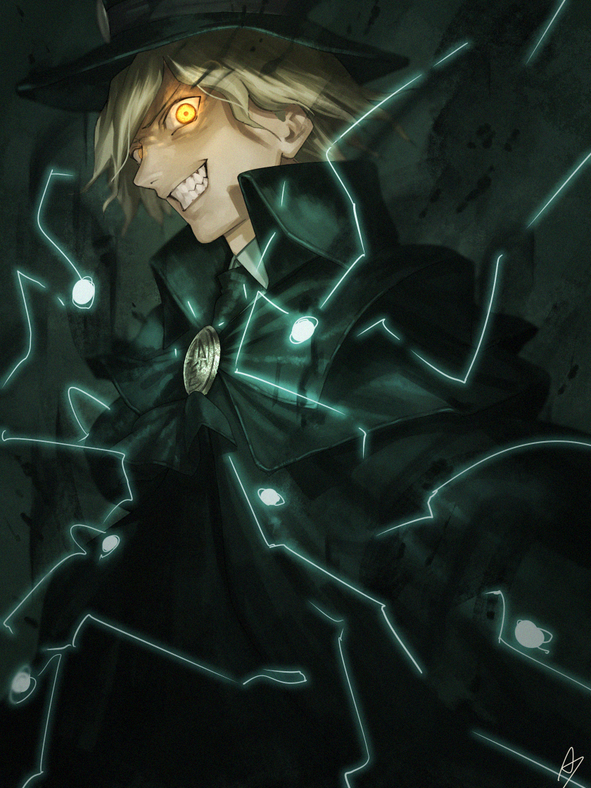 1boy amino_(tn7135) black_coat blonde_hair edmond_dantes_(fate/grand_order) electricity evil_grin evil_smile fate/grand_order fate_(series) fedora from_below glowing glowing_eyes grin hat looking_at_viewer short_hair smile solo upper_body yellow_eyes