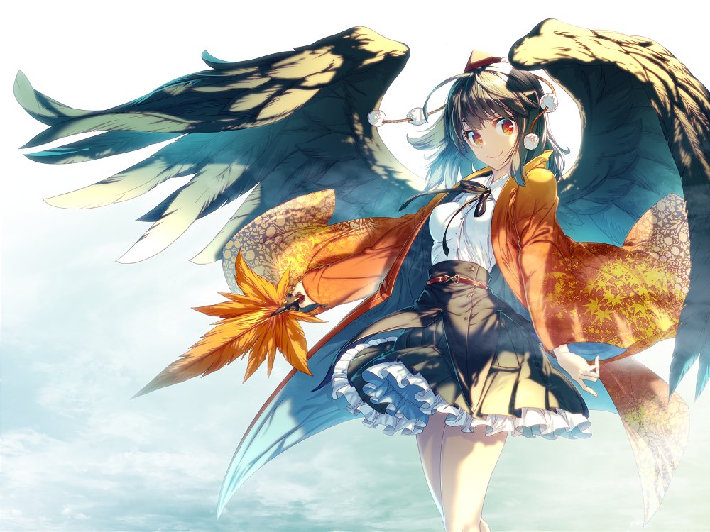 1girl adapted_costume backlighting bangs belt black_skirt black_wings blue_sky breasts brown_coat brown_eyes clouds coat collared_shirt cowboy_shot day fan feathered_wings floating frilled_skirt frills gradient_clothes gradient_eyes hat high-waist_skirt holding holding_fan large_wings layered_skirt leaf_print long_sleeves looking_at_viewer medium_breasts miniskirt multicolored multicolored_eyes open_clothes open_coat orange_eyes pleated_skirt ribbon shameimaru_aya shiny shiny_clothes shiny_hair shirt skirt sky smile solo sunlight thighs tokin_hat touhou waist white_shirt wide_sleeves wind wings zounose