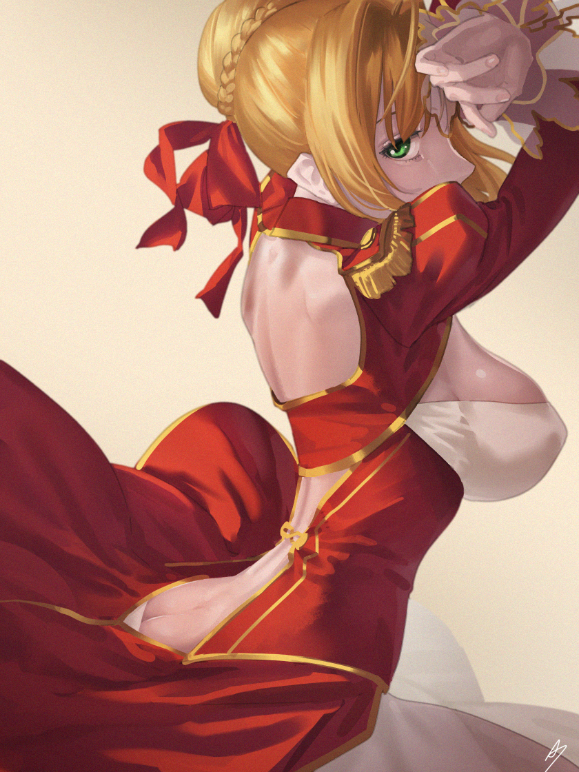 1girl amino_(tn7135) arms_up ass back_opening backless_outfit blonde_hair breasts butt_crack dress epaulettes erect_nipples fate/extra fate_(series) green_eyes hair_bun hair_ribbon large_breasts looking_at_viewer red_dress ribbon saber_extra sideboob signature skirt solo