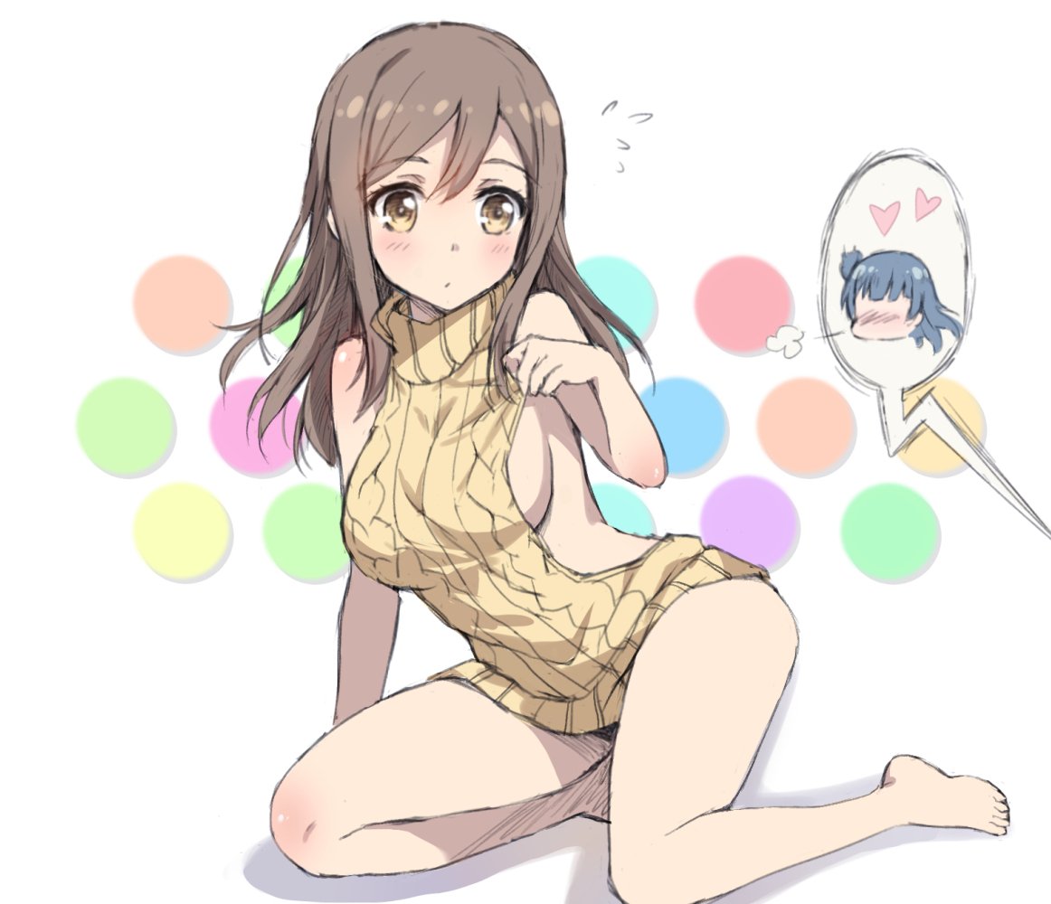 1girl =3 aran_sweater backless_outfit bangs bare_shoulders blush breasts brown_hair closed_mouth dress eyebrows_visible_through_hair flying_sweatdrops full_body hair_between_eyes halterneck heart kunikida_hanamaru large_breasts long_hair looking_down love_live! love_live!_sunshine!! naked_sweater open-back_dress polka_dot polka_dot_background ribbed_sweater shadow simple_background sitting solo speech_bubble sweater sweater_dress tonee tsushima_yoshiko turtleneck turtleneck_sweater virgin_killer_sweater white_background yellow_eyes yokozuwari