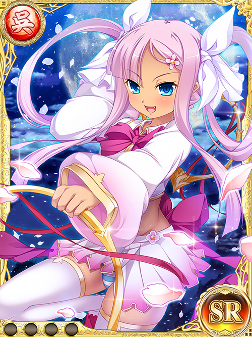 1girl card_(medium) cherry_blossoms crop_top dual_wielding fang hair_ornament hairclip hikage_eiji koihime_musou long_hair midriff miniskirt official_art open_mouth panties pantyshot pantyshot_(standing) petals pink_hair ribbon shirt shoes skirt skirt_lift smile solo sonshoukou standing standing_on_one_leg striped striped_panties thigh-highs twintails underwear very_long_hair weapon white_legwear