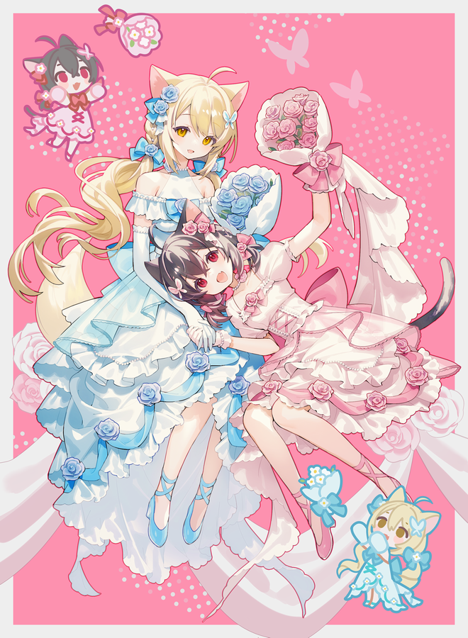 2girls ahoge animal_ears bare_shoulders black_hair blonde_hair blue_bow blue_dress blue_footwear borrowed_character bouquet bow braid breasts bug butterfly cat_ears cat_tail character_request chibi commentary commission crossed_bangs dress dress_flower elbow_gloves fang floating flower gloves hair_between_eyes hair_bow hair_flower hair_ornament high_heels holding holding_bouquet holding_hands lap_pillow layered_dress long_dress long_hair looking_at_viewer medium_breasts medium_dress multiple_girls neck_flower open_mouth original outline patterned_background pink_background pink_dress puffy_short_sleeves puffy_sleeves red_bow red_eyes red_footwear rose shoes short_hair short_sleeves simple_background sitting skeb_commission small_breasts strapless strapless_dress tail two_side_up wedding_dress white_gloves white_outline yamiya yellow_eyes