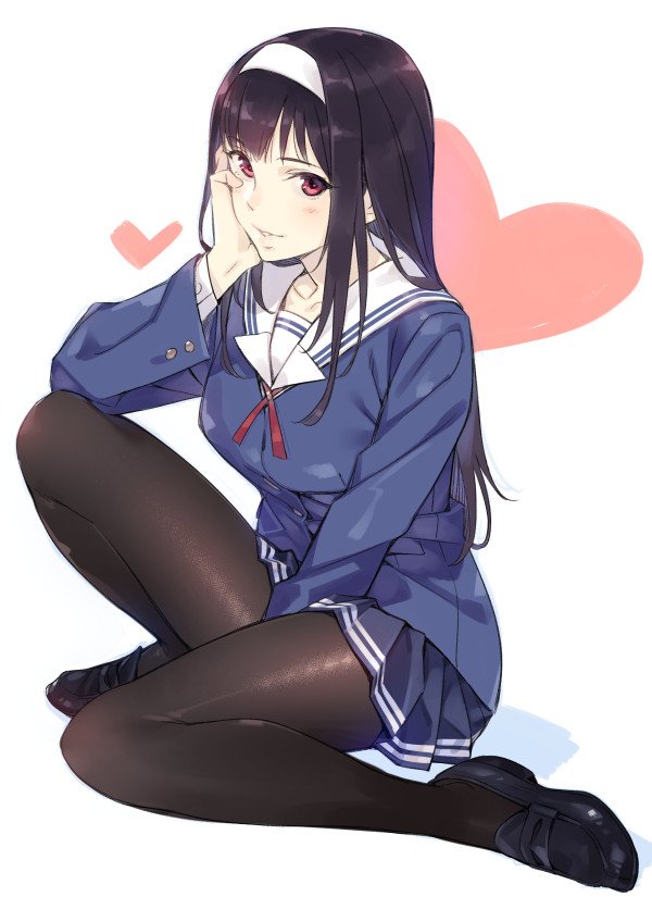 1girl bangs between_legs black_hair black_legwear black_shoes blazer blue_jacket blue_skirt blush breasts bubuzuke buttons collarbone commentary_request full_body hairband hand_between_legs hand_on_own_cheek heart jacket kasumigaoka_utaha knee_up loafers long_hair long_sleeves looking_at_viewer medium_breasts miniskirt pantyhose parted_lips pleated_skirt red_eyes saenai_heroine_no_sodatekata school_uniform shiny shiny_clothes shoes simple_background sitting skirt smile solo white_background