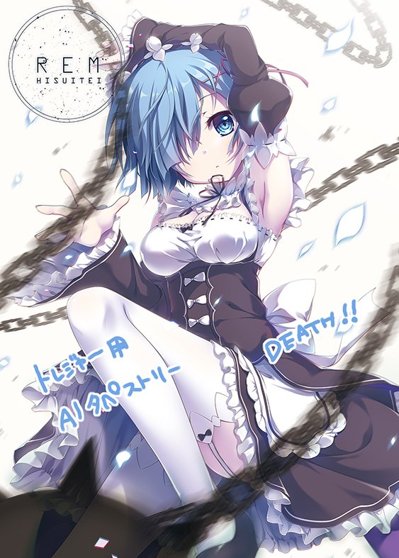 1girl apron armpits bangs blue_eyes blue_hair breasts chains character_name circle_name cleavage closed_mouth detached_sleeves dress expressionless flail frilled_apron frilled_dress frills garter_straps hair_ornament izumi_tsubasu juliet_sleeves knee_up long_sleeves looking_at_viewer maid maid_headdress medium_breasts morning_star motion_blur petals puffy_sleeves re:zero_kara_hajimeru_isekai_seikatsu rem_(re:zero) simple_background solo thigh-highs waist_apron weapon white_background x_hair_ornament