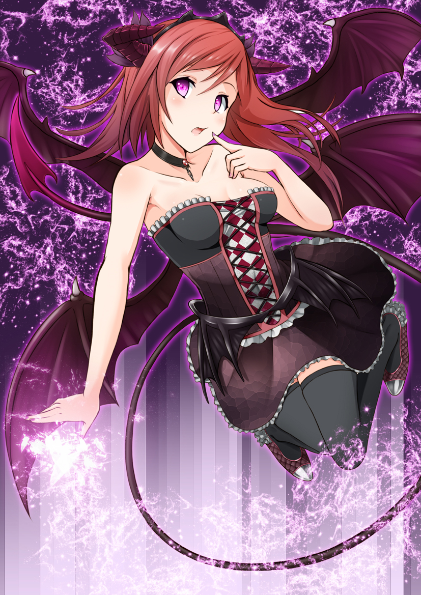 1girl :o ange_vierge arm bare_arms bare_shoulders black_choker black_dress black_legwear blush breasts brooch brown_hair character_request choker cleavage collar collarbone demon_girl demon_tail demon_wings dress fake_horns fang female flying full_body hair_ornament hazama_aida highres horns jewelry long_hair looking_at_viewer medium_breasts multiple_wings nail_polish neck necklace open_mouth purple_nails shoes sleeveless solo strapless strapless_dress tail thigh-highs violet_eyes wings