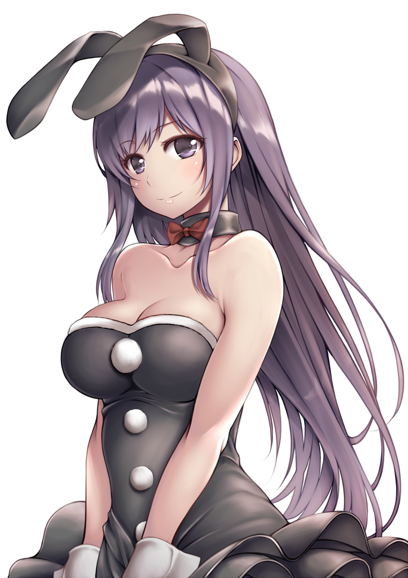 1girl animal_ears bare_shoulders big_wednesday breasts bunny_girl bunny_tail bunnysuit detached_collar large_breasts long_hair original purple_hair rabbit_ears smile solo tail upper_body violet_eyes white_background wrist_cuffs