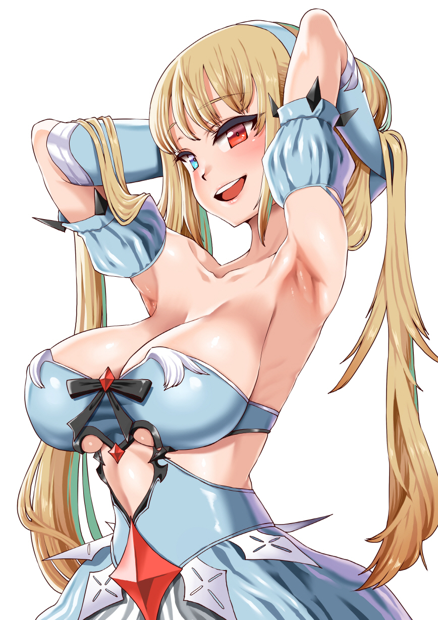 armpits arms_up bandeau bangs bare_shoulders blonde_hair blue_dress blue_eyes blue_gloves blue_hairband breasts center_opening cleavage collarbone detached_puffy_sleeves detached_sleeves dress elbow_gloves eyebrows_visible_through_hair gloves hairband hands_in_hair heterochromia highres large_breasts lips long_hair looking_at_viewer open_mouth pink_lips red_eyes ruri_(seven_knights) seven_knights simple_background smh1069 smile strapless strapless_dress teeth twintails very_long_hair white_background