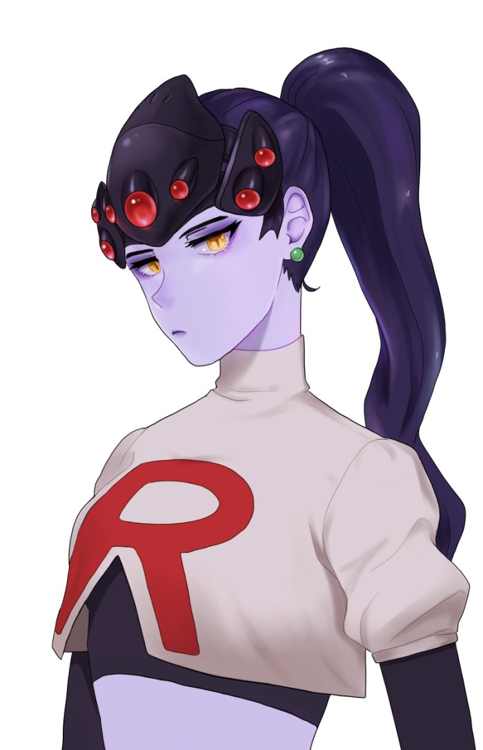 1girl breasts closed_mouth cosplay crop_top earrings head_mounted_display jewelry long_hair looking_at_viewer musashi_(pokemon) musashi_(pokemon)_(cosplay) overwatch perio_67 pokemon pokemon_(anime) ponytail puffy_short_sleeves puffy_sleeves purple_hair purple_lips purple_skin short_sleeves solo stud_earrings team_rocket turtleneck upper_body visor white_background widowmaker_(overwatch) yellow_eyes