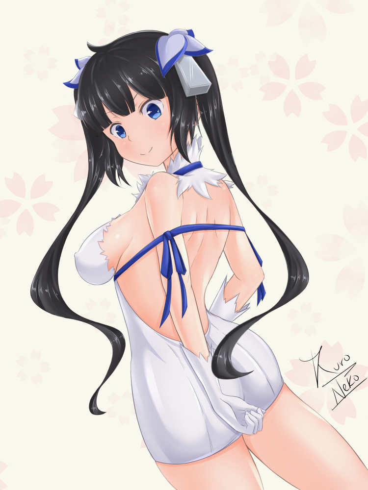 1girl arm_behind_back arm_ribbon artist_name ass back backless_outfit bare_back bare_shoulders black_hair blue_bow blue_bowtie blue_eyes blue_ribbon bow bowtie breasts closed_mouth cowboy_shot dress dungeon_ni_deai_wo_motomeru_no_wa_machigatteiru_darou_ka erect_nipples from_behind gloves hair_ornament hair_ribbon hestia_(danmachi) kuro_neko_7 large_breasts legs_apart long_hair looking_at_viewer looking_back medium_breasts open-back_dress rei_no_himo ribbon short_dress shoulder_blades sideboob sleeveless sleeveless_dress smile solo standing twintails white_dress white_gloves