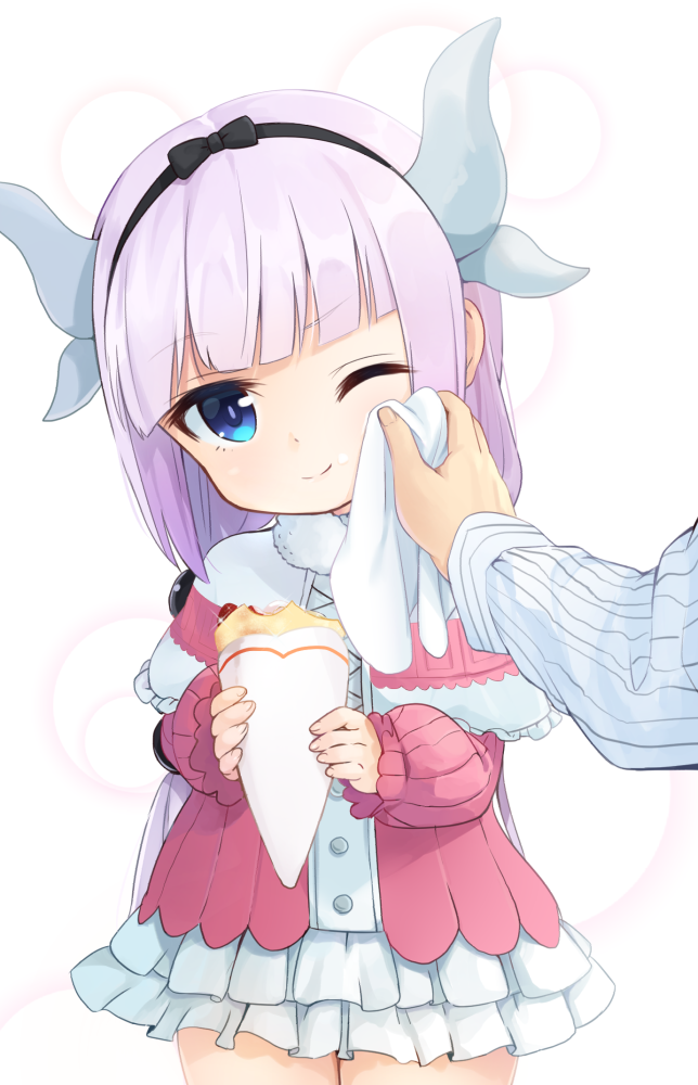 1girl ;) adorable bangs blue_eyes blunt_bangs cowboy_shot crepe dragon_horns food food_on_face horns kanna_kamui kobayashi-san_chi_no_maidragon lavender_hair long_hair looking_at_viewer meso-meso one_eye_closed smile solo_focus wiping