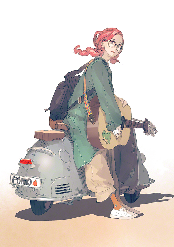 1girl acoustic_guitar backpack bag brown_background brown_pants capri_pants coat commentary_request full_body glasses gradient gradient_background green_coat ground_vehicle guitar instrument jacket leaning leaning_backward lipstick long_hair long_sleeves looking_at_viewer makeup motor_vehicle motorcycle open_mouth original oversized_clothes pants pomodorosa redhead scooter shadow simple_background sleeves_past_wrists solo vehicle white_background