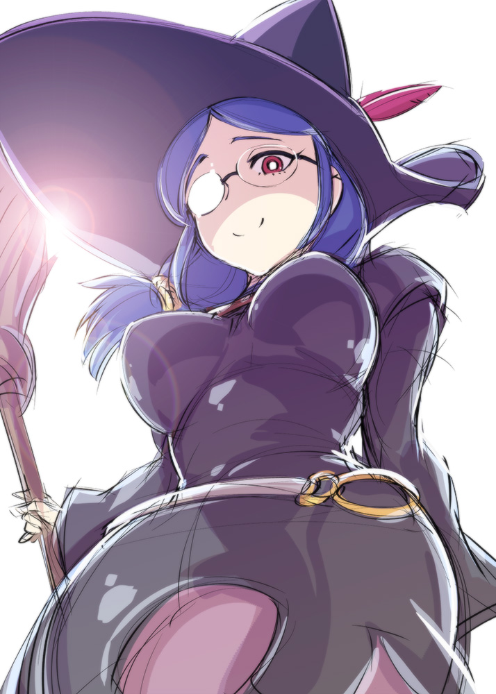 1girl belt black_dress blue_hair crescent dress eyelashes feathers glasses hair_over_shoulder hat hat_feather little_witch_academia looking_at_viewer red_eyes simple_background sketch smile solo ueyama_michirou ursula_(little_witch_academia) wand white_background wide_sleeves witch witch_hat