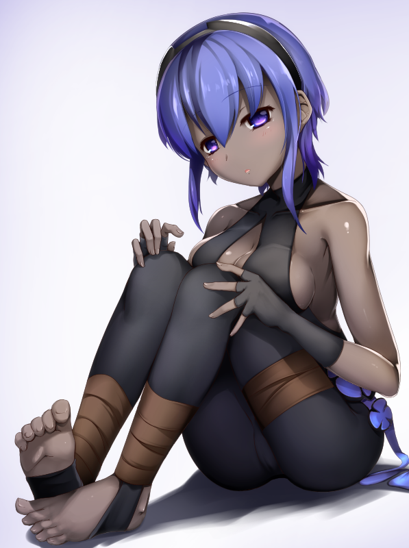 1girl ankle_wraps assassin_(fate/prototype_fragments) bandage bare_shoulders barefoot breast_press breasts collarbone dark_skin fate/grand_order fate/prototype fate/prototype:_fragments_of_blue_and_silver fate_(series) fingerless_gloves full_body hairband haribote looking_at_viewer medium_breasts parted_lips purple_hair sash short_hair sitting skin_tight solo toeless_legwear toes violet_eyes