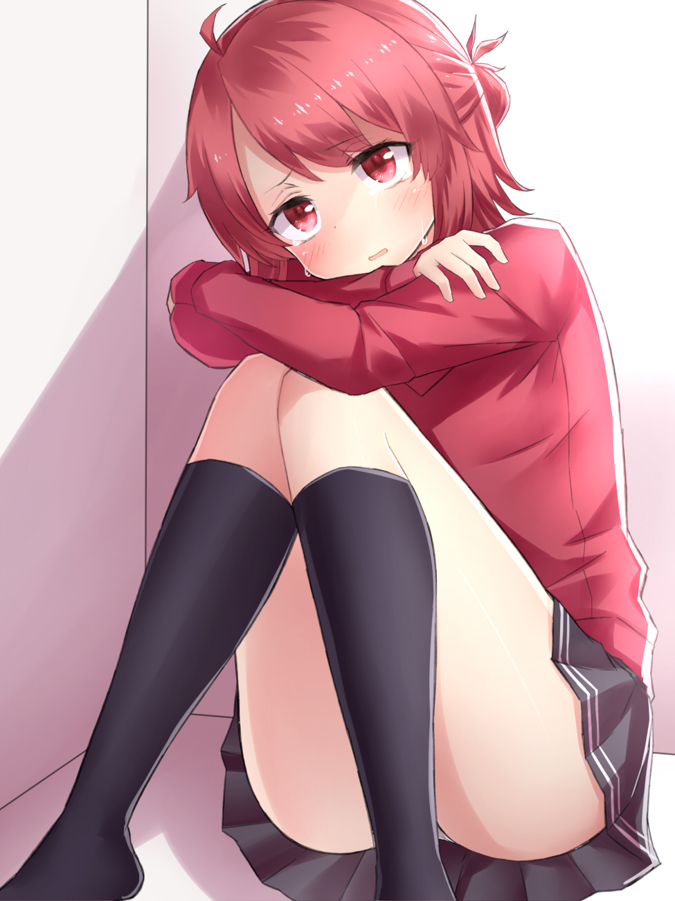 1girl commentary_request corner crying crying_with_eyes_open elbows_on_knees hair_bun highres knees_together_feet_apart leg_hug long_sleeves neit_ni_sei open_mouth original panties pleated_skirt red_eyes red_shirt redhead shadow shirt sitting sitting_on_floor skirt sleeves_past_wrists socks solo tears underwear white_panties