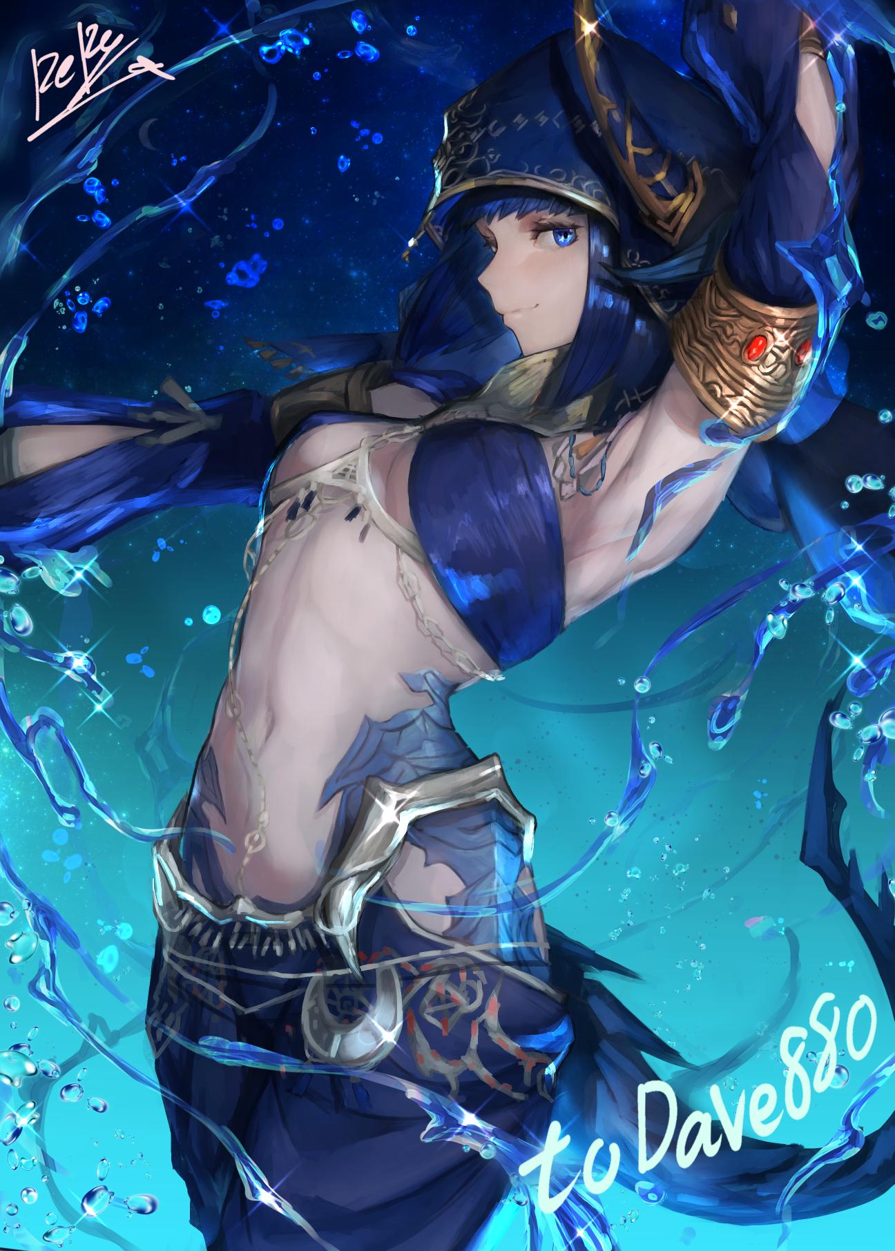 1girl arabian_clothes arm_up armpits au_ra bangs blue_eyes blue_hair breasts closed_mouth commission dancer_(final_fantasy) detached_sleeves dragon_girl dragon_tail final_fantasy final_fantasy_xiv harem_outfit harem_pants head_scarf highres horn_ornament horns jewelry looking_at_viewer medium_hair navel outstretched_arms pants peperon_(peperou) scales signature small_breasts smile solo splashing stomach tail upper_body water