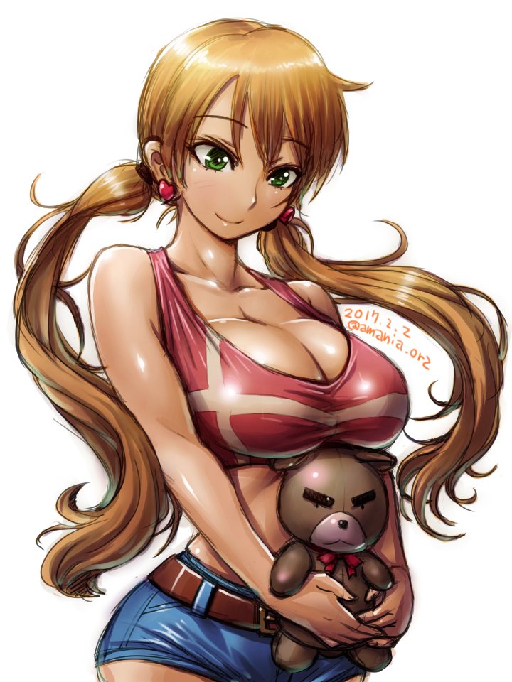 1girl 2017 amania_orz artist_name bare_arms belt blonde_hair blush breasts cleavage collarbone dated earrings green_eyes gundam gundam_tekketsu_no_orphans heart heart_earrings holding holding_stuffed_animal jewelry lafter_frankland large_breasts long_hair looking_down short_shorts shorts simple_background smile solo stuffed_animal stuffed_toy teddy_bear thigh-highs twintails twitter_username white_background