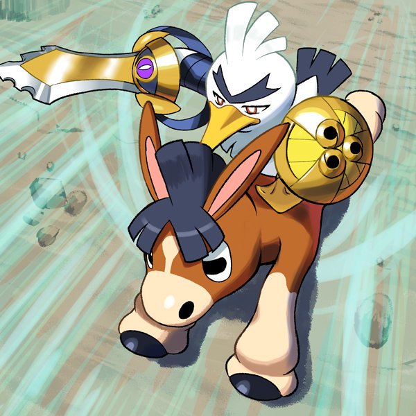 2others aegislash animal animal_ears beak bird brown_eyes creatures_(company) donkey duck feathers game_freak gen_6_pokemon gen_7_pokemon gen_8_pokemon holding holding_sword holding_weapon horse horse_ears mudbray nintendo no_humans olm_digital pokemon pokemon_(anime) pokemon_(creature) pokemon_(game) pokemon_sm pokemon_swsh pokemon_xy riding shield sirfetch'd speed_lines sword thick_eyebrows uka_(cessa) v-shaped_eyebrows weapon