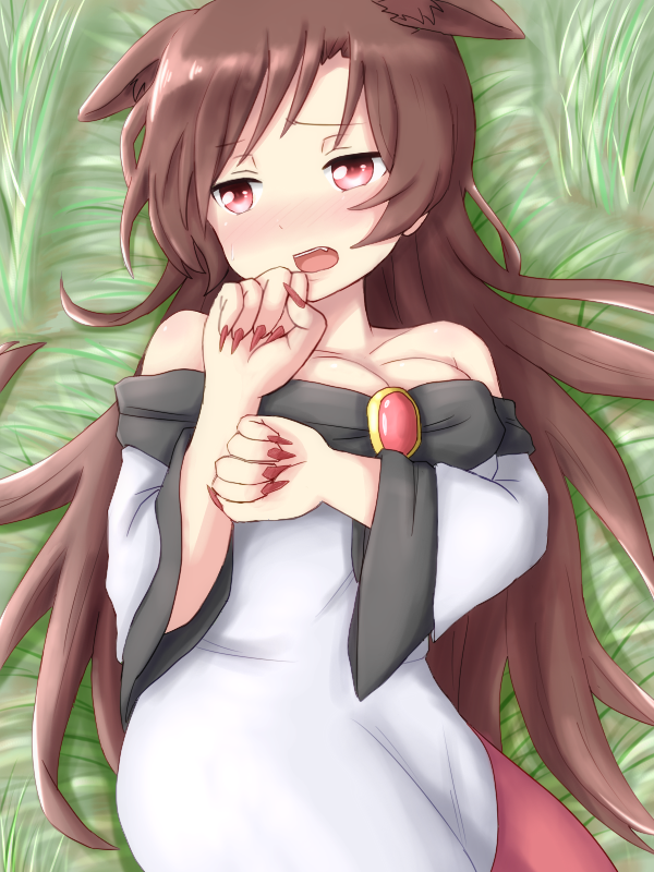 1girl animal_ears bare_shoulders blouse blush breasts brooch brown_hair cleavage dadamori dress embarrassed fang fingernails grass imaizumi_kagerou jewelry long_fingernails long_hair long_sleeves looking_away lying medium_breasts nail_polish nose_blush off-shoulder_shirt off_shoulder on_back open_mouth red_eyes red_nails red_skirt shirt skirt solo touhou very_long_hair white_blouse wide_sleeves wolf_ears