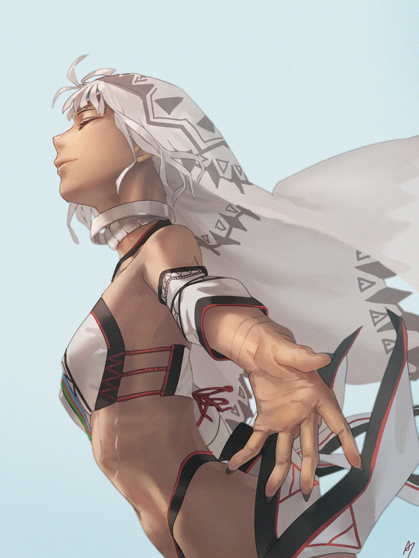 1girl altera_(fate) amino_(tn7135) armpits bare_shoulders black_nails breasts choker closed_eyes closed_mouth dark_skin fate/extella fate/extra fate/grand_order fate_(series) foreshortening from_side nail_polish navel outstretched_arms profile revealing_clothes short_hair silver_hair small_breasts smile solo spread_arms stomach upper_body veil
