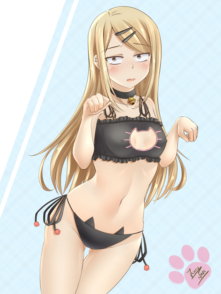 1girl artist_name bare_shoulders bell bell_choker bell_collar black_bra black_choker black_panties blush bra breasts brown_hair cat_cutout cat_ear_panties cat_lingerie choker cleavage_cutout collar collarbone cowboy_shot dagashi_kashi ear_piercing endou_saya_(dagashi_kashi) erect_nipples eyebrows_visible_through_hair fang frilled_bra frills gluteal_fold groin hair_ornament hairclip hands_up jingle_bell kuro_neko_7 lingerie long_hair looking_at_viewer midriff navel open_mouth panties paw_pose paw_print piercing side-tie_panties small_breasts solo stomach thigh-highs underwear underwear_only