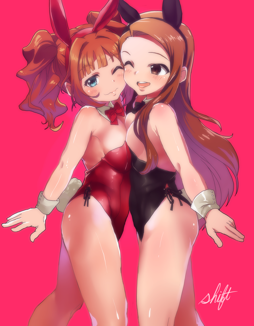 2girls ;) ;d animal_ears artist_name bangs bare_arms bare_legs bare_shoulders black_bow black_bowtie black_leotard blunt_bangs blush bow bowtie breast_press breasts brown_eyes brown_hair bunny_girl bunny_tail bunnysuit cheek-to-cheek cleavage commentary_request cowboy_shot detached_collar fake_animal_ears hairband idolmaster leotard long_hair medium_breasts minase_iori multiple_girls one_eye_closed open_mouth orange_hair pink_background rabbit_ears red_bow red_bowtie red_leotard round_teeth shift_(waage) simple_background smile strapless strapless_leotard symmetrical_docking tail takatsuki_yayoi tareme teeth wavy_hair wavy_mouth wrist_cuffs