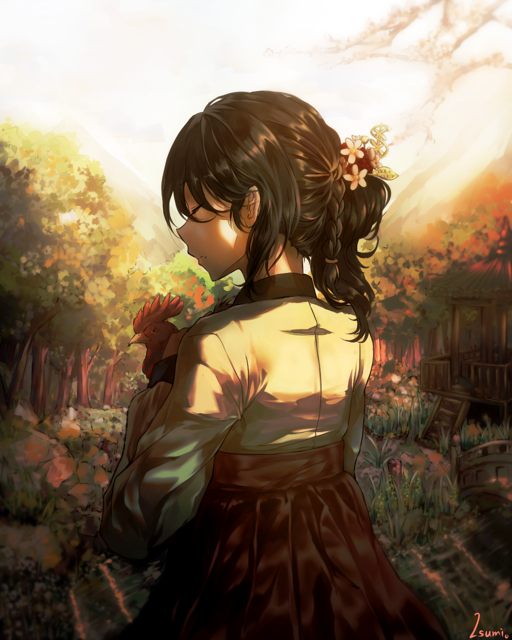 1girl animal arbour artist_name bird black_hair braid chicken closed_eyes closed_mouth dress flower forest from_behind grass hair_flower hair_ornament hair_tie hand_up highres holding holding_animal isumi_(yangyan) long_sleeves nature original outdoors parted_lips plant ponytail profile river shirt skirt solo tree upper_body wooden_bridge
