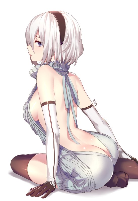 1girl aki663 aran_sweater artist_name ass back backless_outfit bangs bare_back bare_shoulders black_gloves black_legwear blue_eyes breasts butt_crack dress elbow_gloves gloves hair_between_eyes hairband halterneck large_breasts looking_at_viewer mole mole_under_mouth naked_sweater nier_(series) nier_automata open-back_dress parted_lips profile ribbed_sweater short_hair sideboob signature simple_background sitting soles solo sweater sweater_dress thigh-highs turtleneck turtleneck_sweater virgin_killer_sweater white_background white_gloves white_hair yokozuwari yorha_no._2_type_b