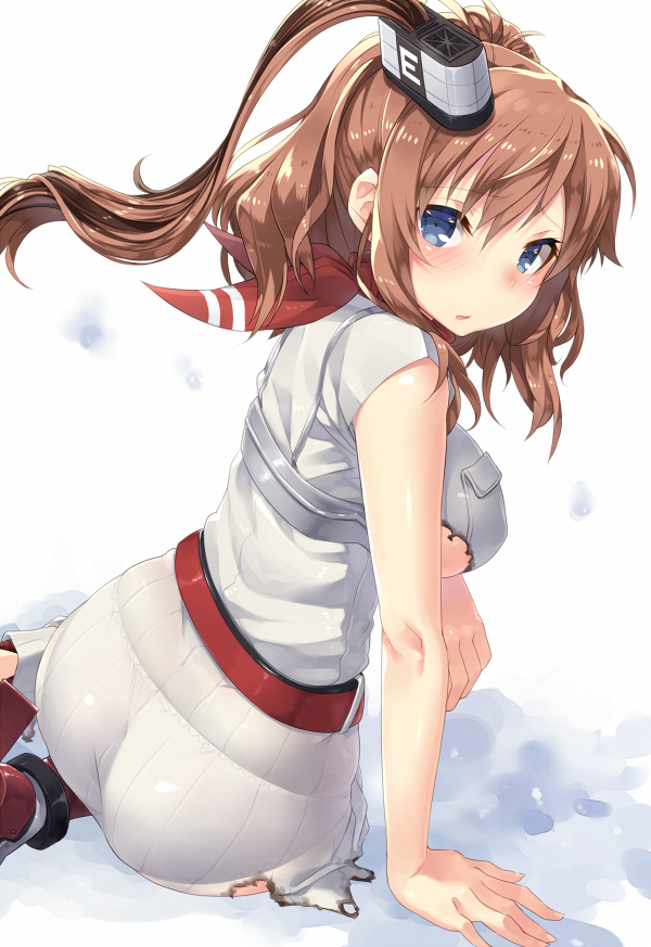 1girl arm_support armor ass bangs belt blue_eyes blush breast_hold breasts brown_hair burnt_clothes dress eyebrows_visible_through_hair floating_hair from_behind hair_between_eyes kantai_collection large_breasts long_hair looking_at_viewer looking_back medium_breasts parted_lips red_neckerchief red_shoes revision rudder_shoes saratoga_(kantai_collection) shoes short_sleeves side_glance sideboob sitting skin_tight solo torimaru torn_clothes white_background white_dress yokozuwari