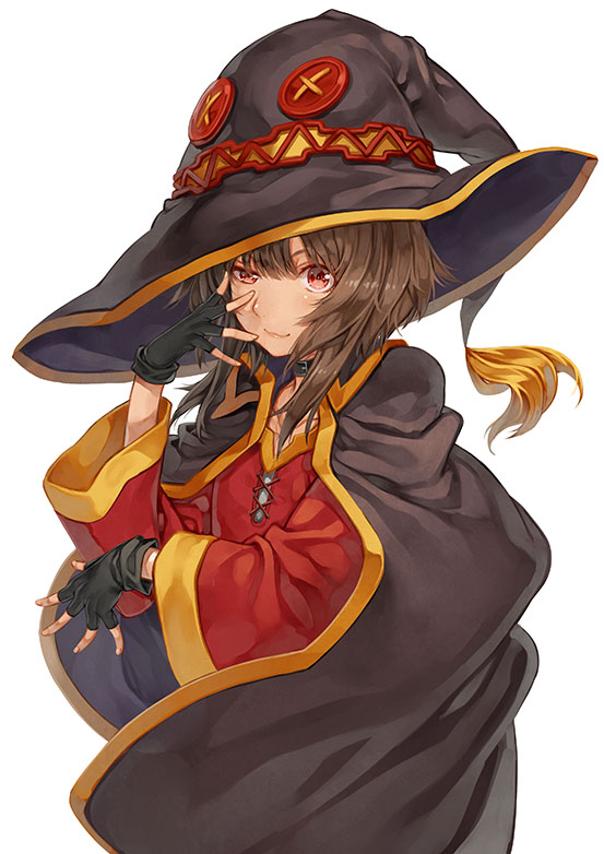 1girl :3 bangs black_cape black_gloves black_hat brown_hair button_eyes cape closed_mouth collar collarbone cross-laced_footwear dress fingerless_gloves fingernails flat_chest gloves hair_between_eyes hand_on_own_face hat keg kono_subarashii_sekai_ni_shukufuku_wo! long_sleeves looking_at_viewer megumin red_dress red_eyes short_hair simple_background smile solo spread_fingers uneven_eyes upper_body white_background wide_sleeves witch_hat